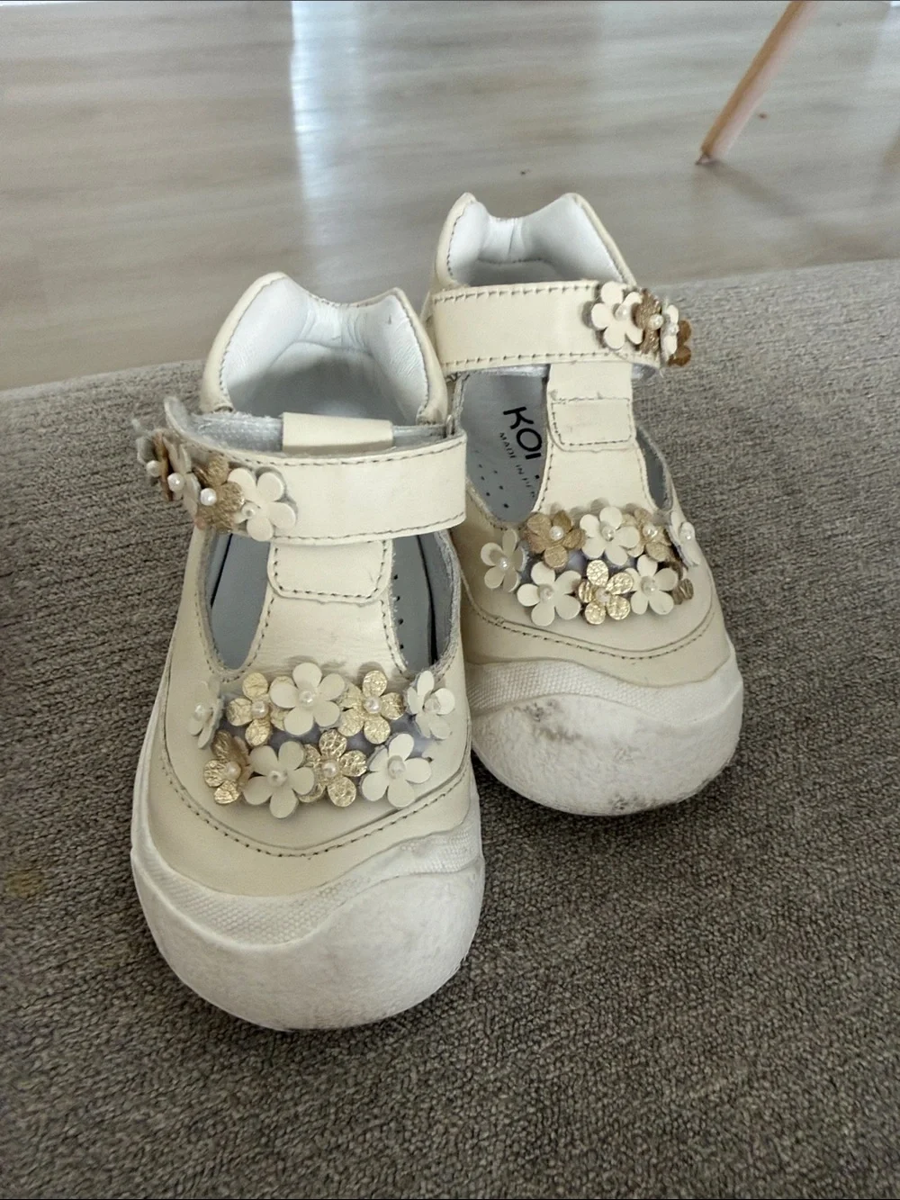 koi Cream and Gold Floral T-Strap Baby Shoes